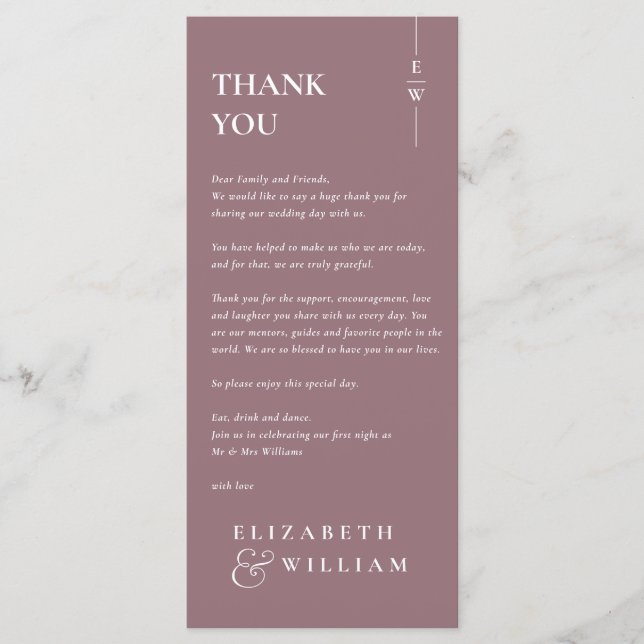 Mauve Modern Monogram Wedding Thank You Place Card (Front)
