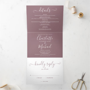 Mauve Modern Script Minimalist Photo Wedding Tri-Fold Invitation