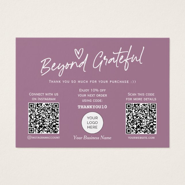 Mauve Modern Script QR code thank you card (Front)