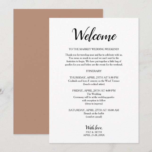 Mauve modern Wedding Weekend Itinerary Invitation (Front/Back)