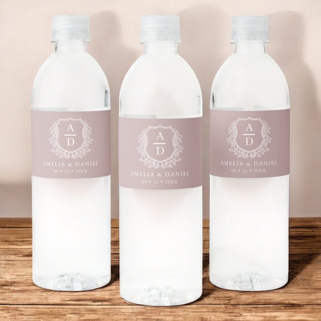 Mauve Monogram Botanical Wedding Floral Crest Water Bottle Label (Creator Uploaded)