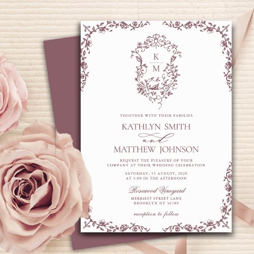 Mauve Monogram Floral Vintage Crest Wedding Invitation