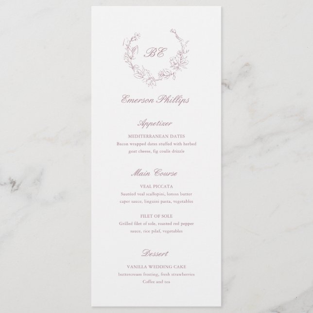 Mauve Monogram Guest Name Elegant Wedding Menu (Front)