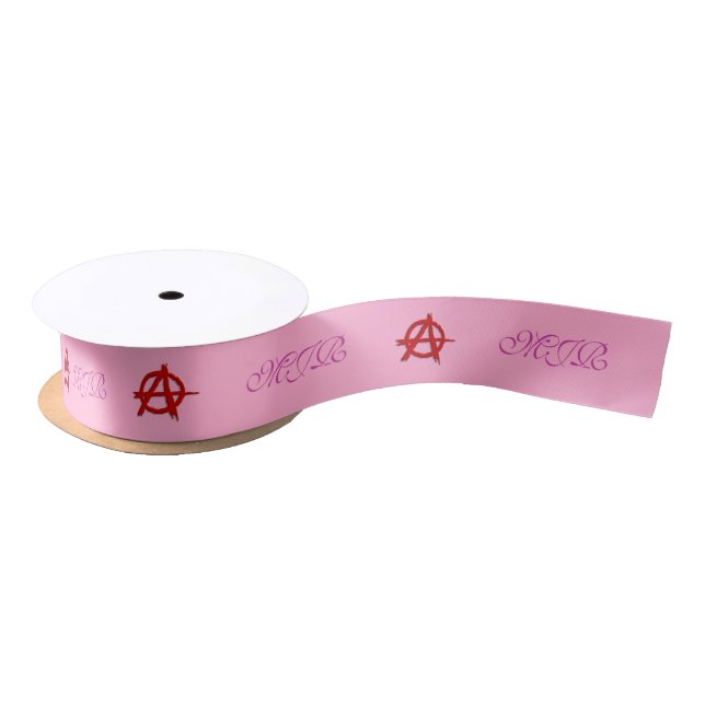 Mauve monogram on pink with red Anarchy symbol Satin Ribbon (Spool)