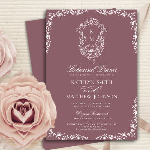 Mauve Monogram Vintage Crest Rehearsal Dinner Invitation