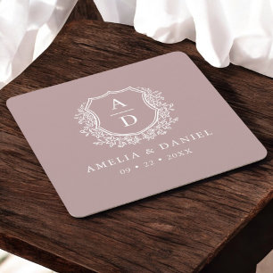 Mauve Monogram Wedding Floral Crest Elegant Square Paper Coaster