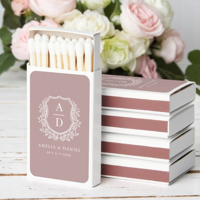 Mauve Monogram Wedding Floral Crest Matchboxes (Creator Uploaded)