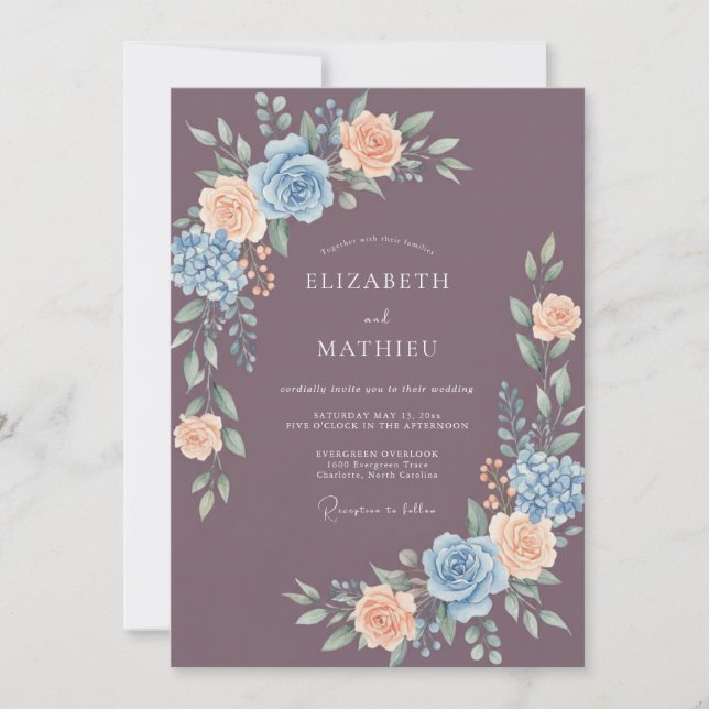 Mauve Muted Spring Rose Wedding Invitation (Front)
