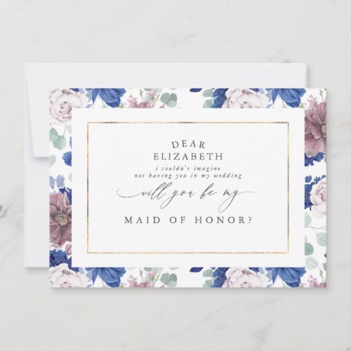 Mauve Navy Blue Floral Bridesmaid Maid of Honor Invitation