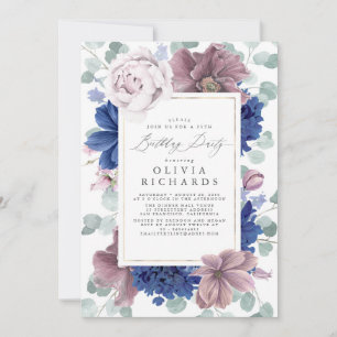 Mauve Navy Blue Floral Elegant Modern Birthday Invitation