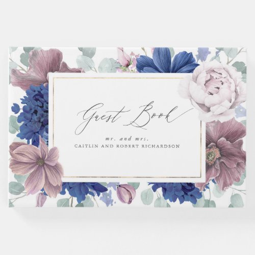 Mauve Navy Blue Floral Elegant Wedding Guest Book