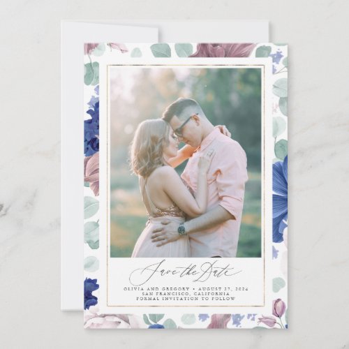 Mauve Navy Blue Floral Save The Date Photo Cards