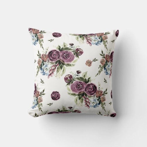 Mauve  Olive Modern Watercolor Floral Throw Pillow
