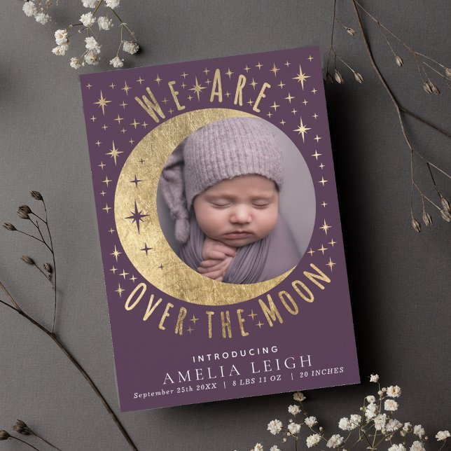 Mauve Over the Moon Photo Birth Announcement Card (Creator Uploaded)