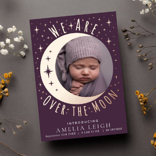 Mauve Over the Moon Photo Birth Announcement Card