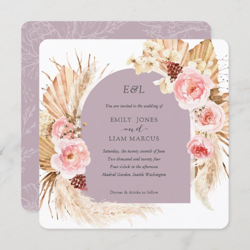 Mauve Pampas Grass Boho Floral Square Wedding  Invitation