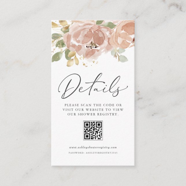 Mauve Peach Flowers QR Code Baby Shower Details Enclosure Card (Front)