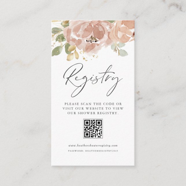 Mauve Peach Flowers QR Code Baby Shower Registry Enclosure Card (Front)
