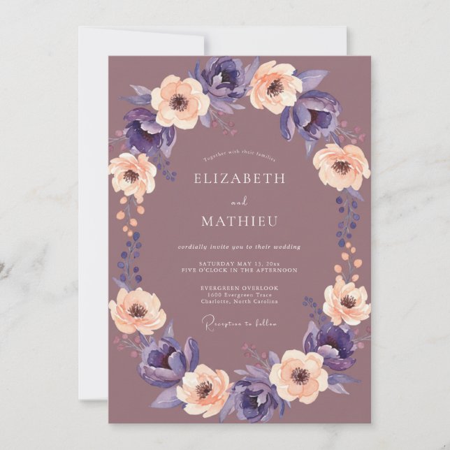 Mauve Peach Purple Floral Wedding Invitation (Front)