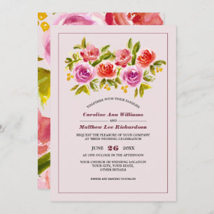 Mauve Peach Red Floral Watercolor Wedding Invitation