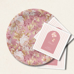 Mauve Pink And Golden Brown Floral Accents Paper Plates