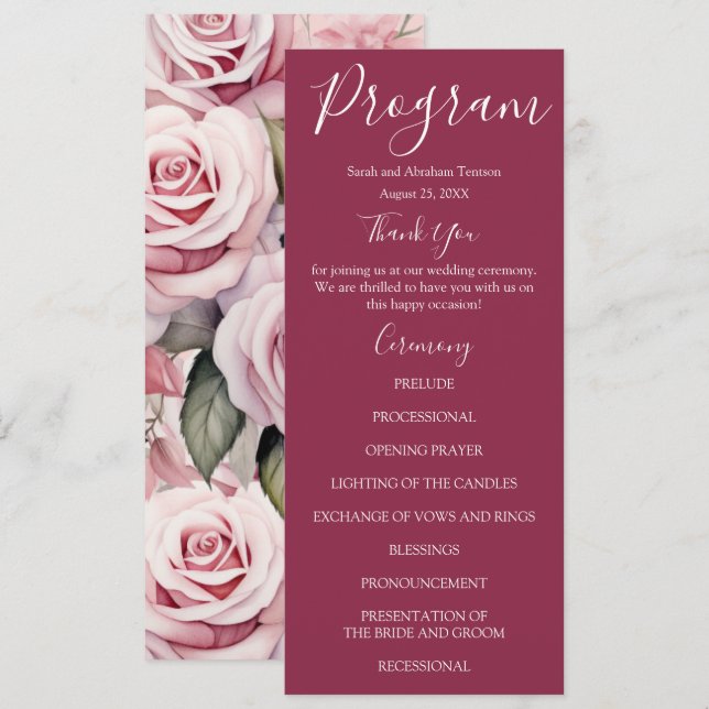 Mauve Pink and White Pink Roses Wedding Programs (Front/Back)