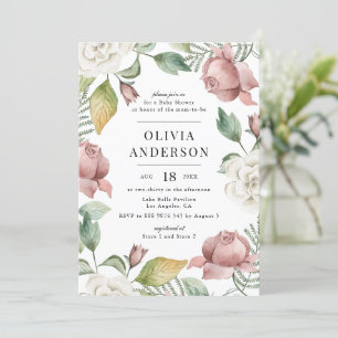 Mauve Pink and White Roses Floral Baby Shower Invitation