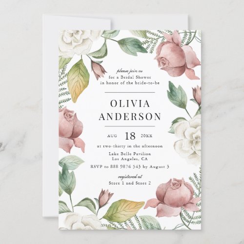 Mauve Pink and White Roses Floral Bridal Shower Invitation