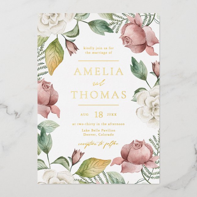 Mauve Pink and White Roses Floral Wreath Wedding Foil Invitation (Front)