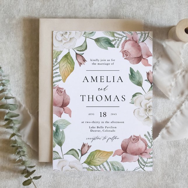 Mauve Pink and White Roses Floral Wreath Wedding Invitation (Mauve Pink and White Roses Floral Wreath Wedding Invitation)