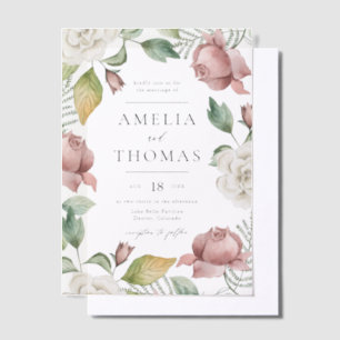 Mauve Pink and White Roses Floral Wreath Wedding Vellum Invitations