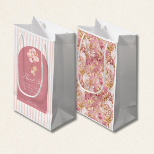 Mauve Pink Balloons floral, Cute Teddy Bear Small Gift Bag