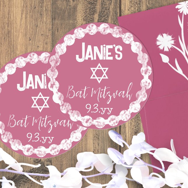 Mauve Pink Bat Mitzvah Personalized Classic Round Sticker (round pink mauve red burgundy bat mitzvah party favor stickers personalized labels girls birthday)