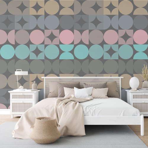 Mauve Pink Blue Beige Gray Circles Squares Pattern Wallpaper