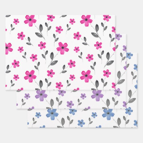 Mauve Pink Blue Five Petal Watercolor Flowers Wrapping Paper Sheets