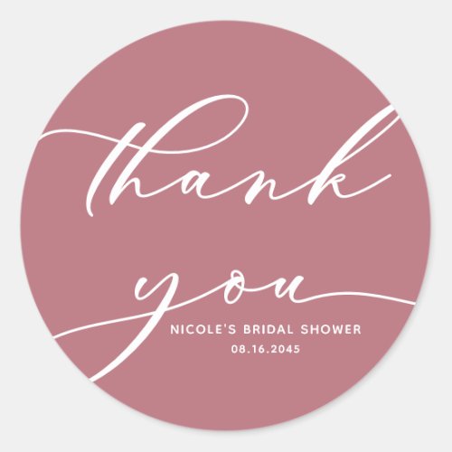 Mauve Pink Calligraphy Bridal Shower Thank You Classic Round Sticker