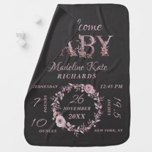 Mauve Pink Elegant Floral Baby Girl Birth Stats Blanket
