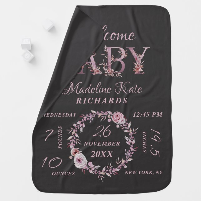 Mauve Pink Elegant Floral Baby Girl Birth Stats Blanket (In Situ)