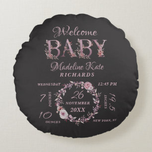 Mauve Pink Elegant Floral Baby Girl Birth Stats Round Pillow