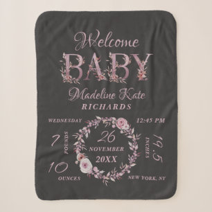 Mauve Pink Elegant Floral Baby Girl Birth Stats Sherpa Blanket
