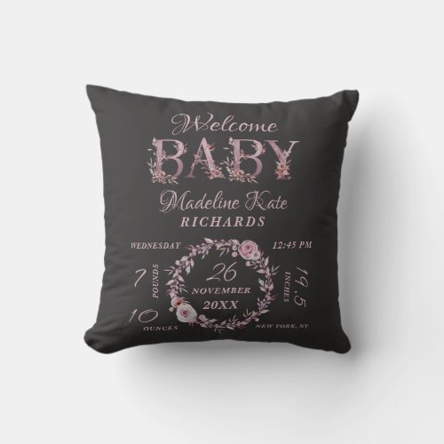 Mauve Pink Elegant Floral Baby Girl Birth Stats Throw Pillow