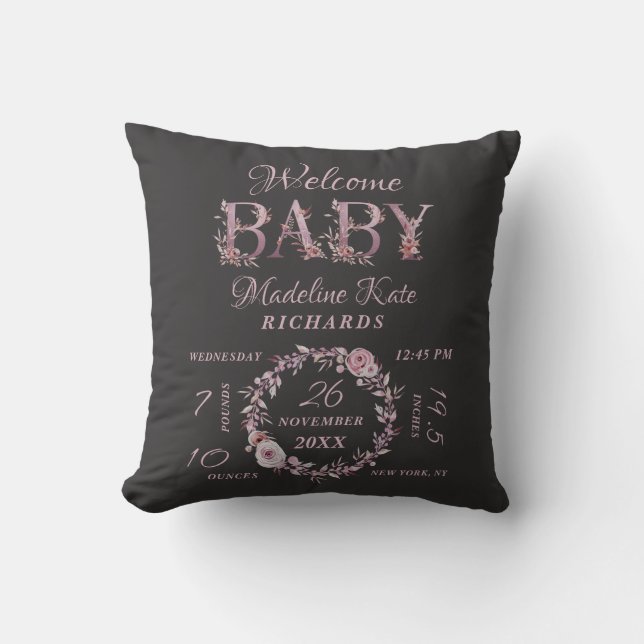 Mauve Pink Elegant Floral Baby Girl Birth Stats Throw Pillow (Front)
