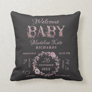 Mauve Pink Elegant Floral Baby Girl Birth Stats Throw Pillow