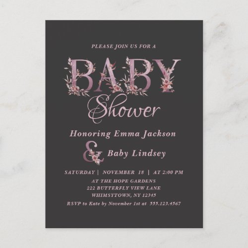Mauve Pink Elegant Floral Chic Girls Baby Shower Invitation Postcard