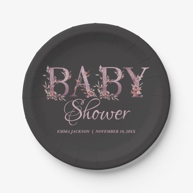Mauve Pink Elegant Floral Chic Girl's Baby Shower Paper Plates (Front)