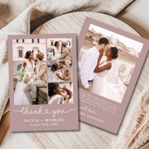 Mauve Pink Five Photo Collage Script Wedding Thank You Card