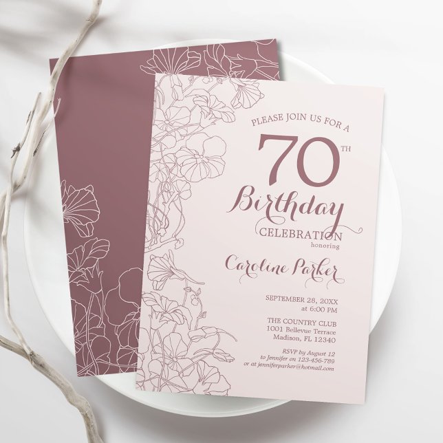 Mauve Pink Floral 70th Birthday Party Invitation (Creator Uploaded)