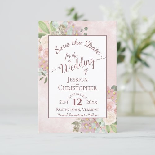 Mauve Pink Floral Elegant Calligraphy Wedding Save The Date