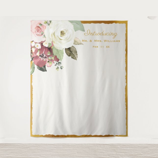 Mauve Pink Floral Gold Edge Wedding Photo Backdrop (Front)