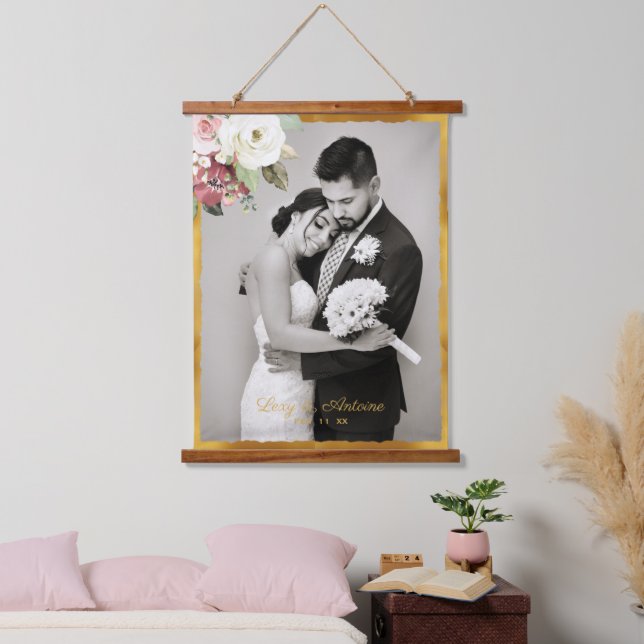 Mauve Pink Floral Gold Edge Wedding Photo Wood  Hanging Tapestry (Bedroom)